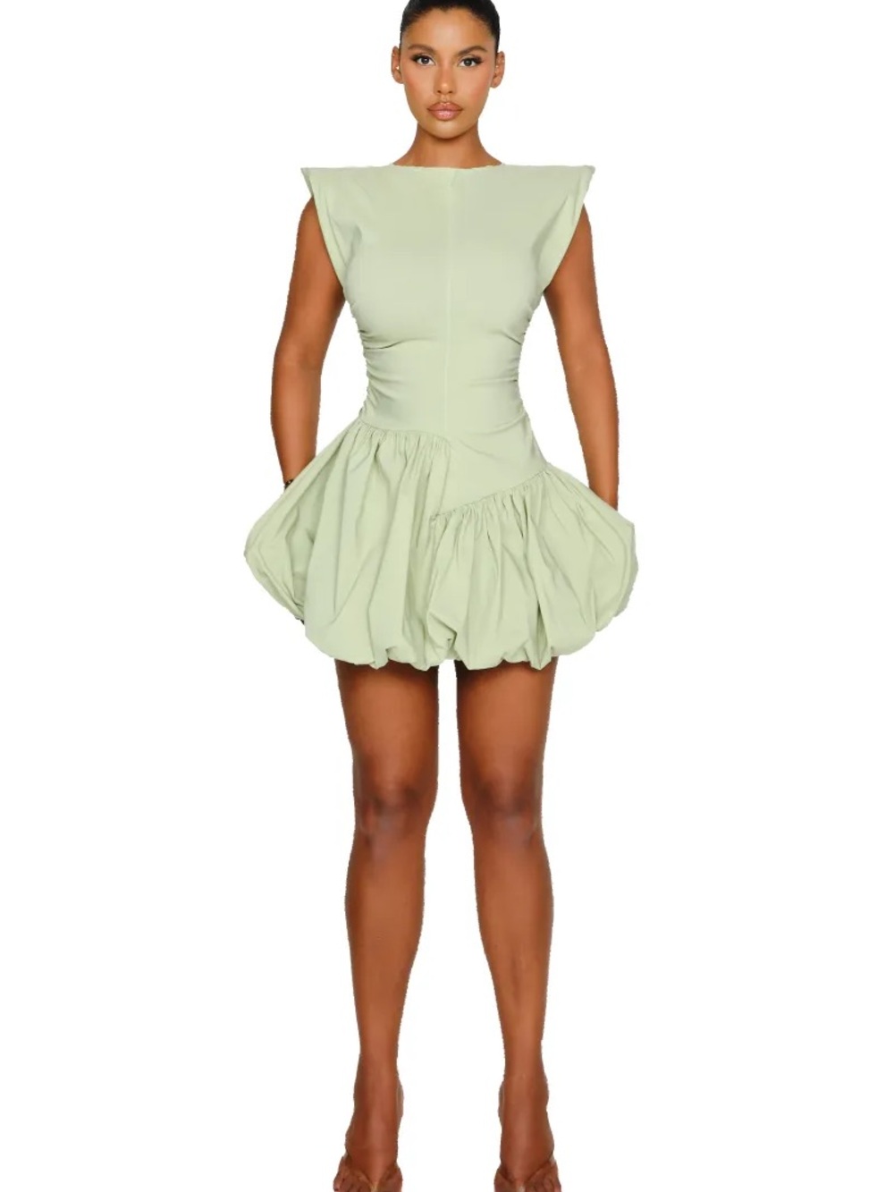 Sculpted Shoulder Bubble Hem Mini Dress in Sage Green